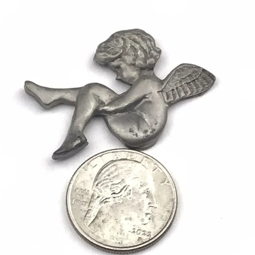 Pewter Angel  Brooch Pin Vintage Marked Signed Valentines Cherub